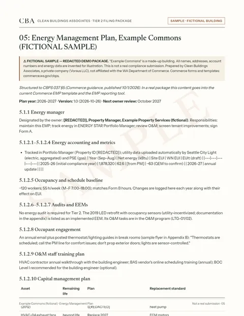 Sample page 05, Energy Management Plan, for a fictional building (not a real submission)