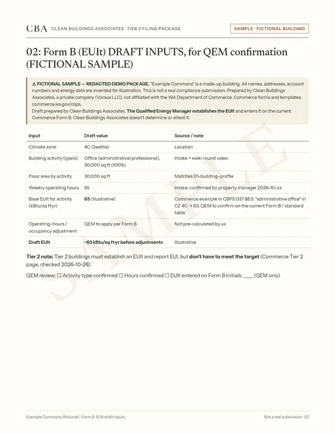 Sample page 02, Form B: EUIt draft inputs, for a fictional building (not a real submission)