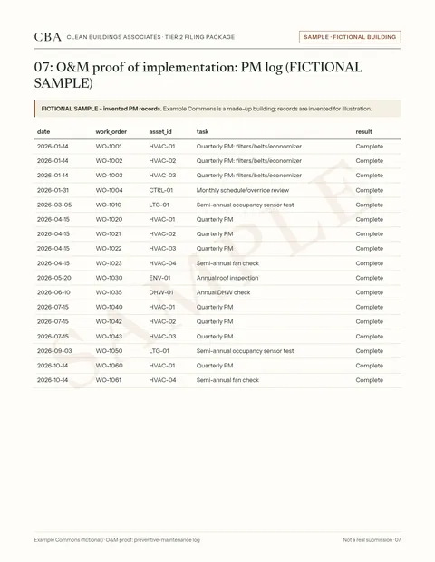 Sample page 07, O&M proof: preventive-maintenance log, for a fictional building (not a real submission)